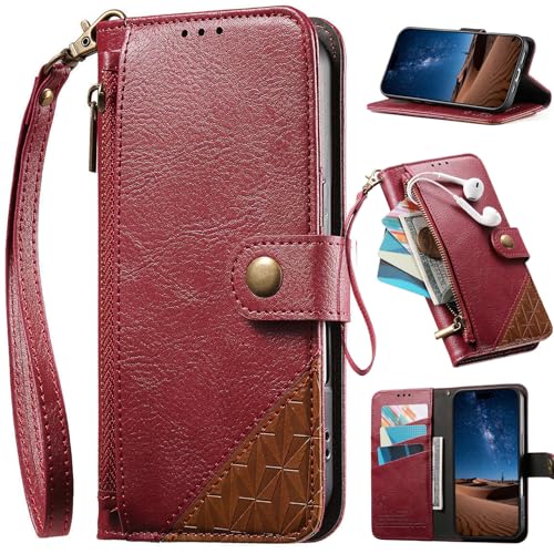 Funda para OPPO A54S/Oppo A16S, Case con Correa de Mano, Ranuras para Tarjetas, Bolsillo con Cremallera, Soporte para Bolso, Cierre magnético-Rojo