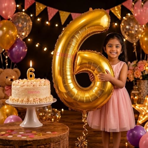 Image of Balloonistics Gold 40-Inch Foil Number 6 Balloon with Matching Number Candle - Combo Set for 6th Birthday, Anniversary, Milestone Party Decoration, Photo Booth Backdrop