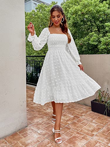 Amegoya Women's Boho Flowy Long Sleeve Square Neck Floral Midi Dress Smocked Spring Fall Wedding Guest Dresses2