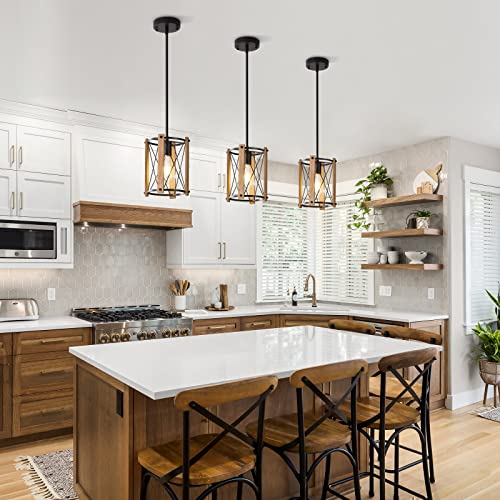 Black Pendant Light, Hanging Light Fixture with Wooden Frame, 40 Inch Height Adjustable for Kitchen Island, Dining Room, Farmhouse. (E26 Bulb Not Included) - Image 3