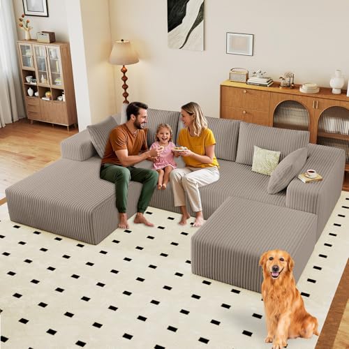 Image of 96 inch Modular Sectional Sofa with Ottoman, Modern Corduroy Cloud Couch with Deep Seat, Boneless Couch Upholstered 3-Seater U-Shaped Sofa for Living Room, No Assembly (Camel,Left-Facing Chaise)