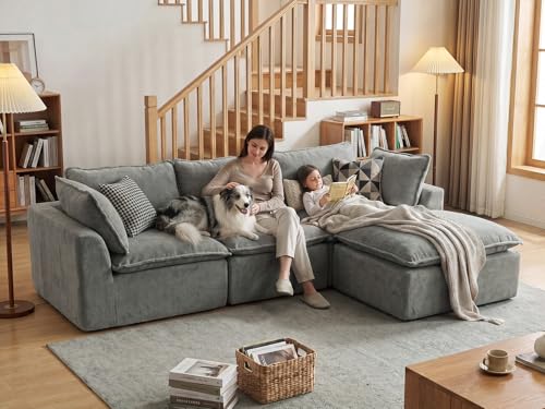 Image of COSIEST 108'' Boneless Sectional Couch, Modular Sectional Sofa with Ottoman, 4 Seater L Shaped Cloud Couch for Living Room, Grey