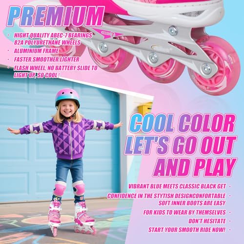 Image of Nattork Adjustable Inline Skates for Youth Big Girls - with Light up Wheels - Pink Blade Roller Skating for Beginners Size 5 6 7 8 Ages 11 12 13