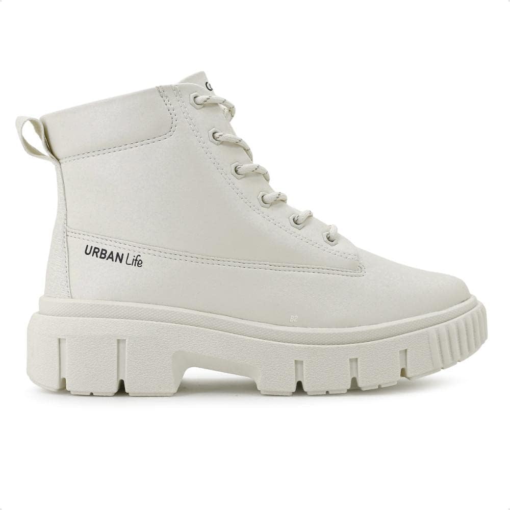 Bota Comfortflex Coturno Tratorada Cano Curto Feminino (Off White, 36)