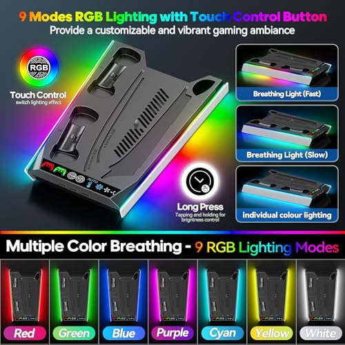 Image of PS5 /PS5 Slim Stand with Automatically Adjustable 3-Level Fan for All PS5 Consoles, PS5 Stand with RGB Light and Controller Charging Station for PS5 & Edge Controller, PS5 Accessory Set
