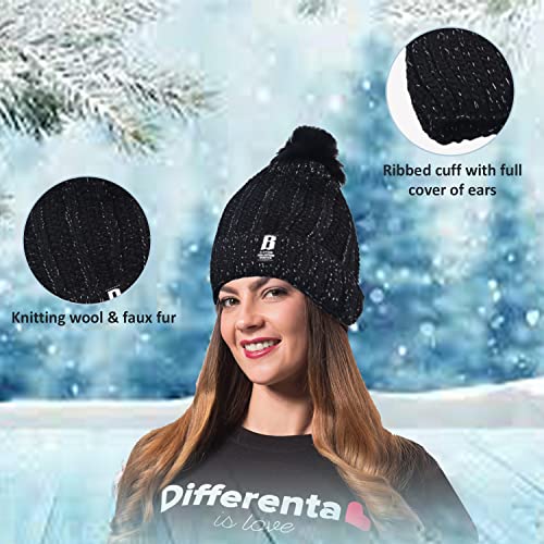 Image of SYGA Winter Beanie Hat for Women Warm Thick Cotton Lining Knit Bobble Pom Pom Skull Cap Fleece Lined Warm Cap Outdoor Sports Hat for Ladies Women Girl Free Size