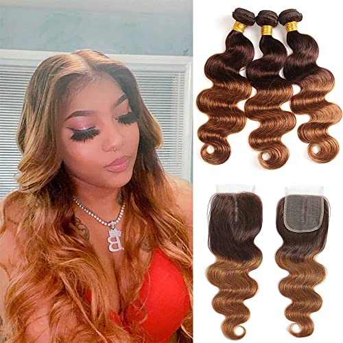 2 Tone Ombre Body Wave Hair 3 Bundles with T-Part Lace Closure Middle Part 100% Unprocessed Brazilian Remy Virgin Hair Body Wave Human Hair Bundles with Closure (T4/30,22 24 26+20)