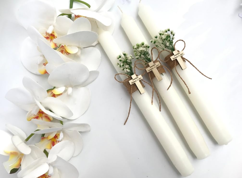 Vela de Bautizo y Primera Comunión, Juego de 3 Velas, Vela de Bautizo Personalizada, Vela de Ceremonia de Comunión, Lámparas Griegas