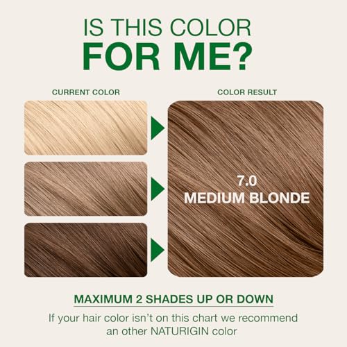 Image of Naturigin Permanent Hair Color, 7.0 Medium Blonde, Ammonia Free, 100% Gray Coverage, Nourishing Natural Formula, For All Hair Types, Long-Lasting, Vegan & Cruelty-Free, 1 Pack