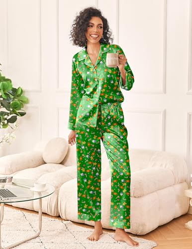 Image of Ekouaer Womens Silk Satin Pajama Sets 2 Piece Sleepwear Pjs Set Long Sleeve Button Down Top and Pants Stripe Loungewear S-XXL