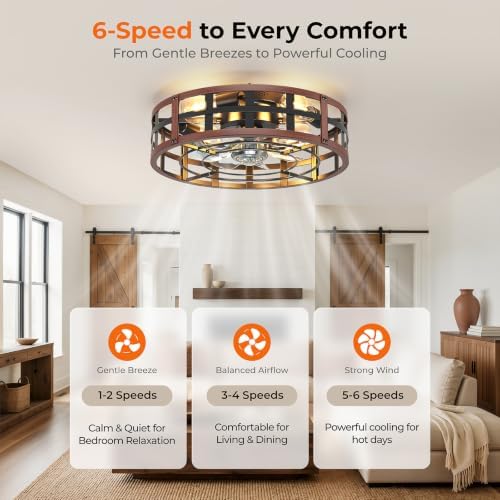 BLNAN 20" Farmhouse Flush Mount Ceiling Fans with Lights and Remote, Low Profile Caged Fan Lights Fandelier 6 Speeds Bladeless Rustic Fan Lights for Bedroom, Living Room, Kitchen Walnut - 5