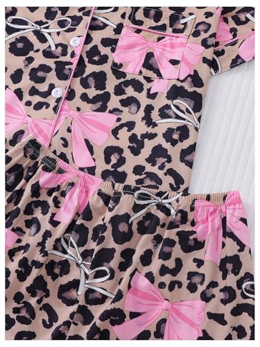 Image of SHENHE Women's 2 Piece Pajama Set Bow Graphic Button Down Short Sleeve Lapel Shirt Pj Short Set