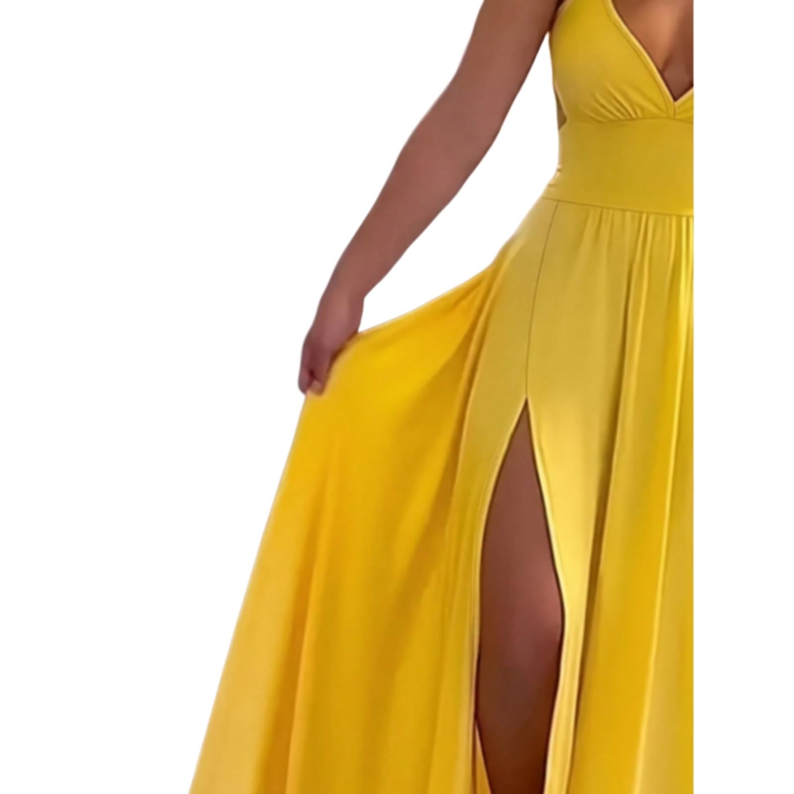 Abito Donna Chic Senza Maniche Lace-up Midi Dress - Cami Schienale A Scollo V con Fessura Laterale, Abbigliamento da Festa-Yellow-l