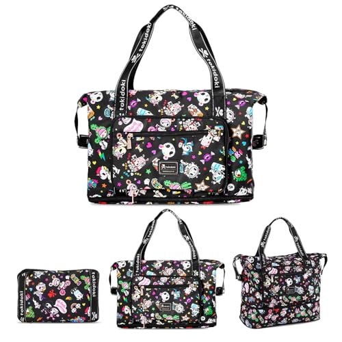 Tokidoki Foldable Duffle Bag for Women, 40L Large Capacity Weekender Bags, Expandable Tokidoki Travel Bags Luggage Bag for Travel Sports Gym Vacation-Official Licensed (Denim Daze)