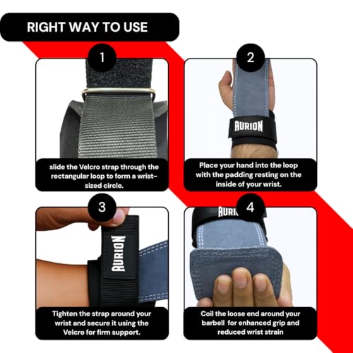Image of Aurion Premium Suede Leather Lifting Straps | Padded Wrist Support for Weightlifting & Bodybuilding | Non-Slip 19 inch Deadlift Straps for Gym Workout | Adjustable Wraps for Men & Women (Grey)