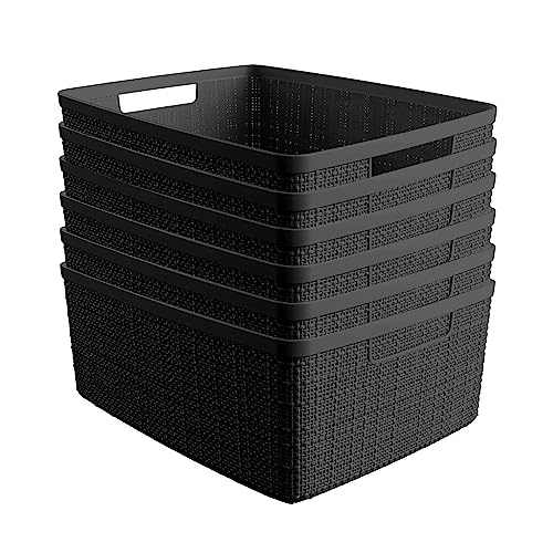 Curver Set of 6 Jute Medium Decorative Plastic Organization and Storage Baskets, Perfect Bins for Home Office, Closet Shelves, Kitchen Pantry and All Bedroom Essentials, Black