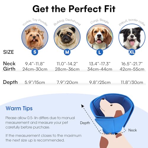 Image of Queenmore Soft Dog Cone for Small Dogs, Adjustable Comfy Dog Cone Collar | Cones Collar Alternative for Post-Surgery Wound Healing, Soft Fabric Cone for Dogs to Stop Licking After Surgery, Blue,S