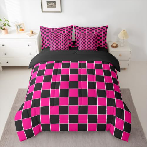 Image of Erosebridal 7 Pcs Hot Pink Black Grids Comforter Set Twin Geometric Checkered Bed in A Bag with Sheets for Kids Girls Teen Women Bedroom Decor,Aesthetics Plaid Bedding Soft Lightweight Bed Set