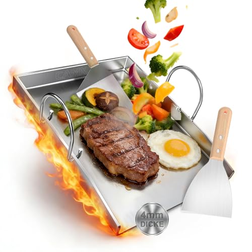 Camxon Universelle Edelstahl Plancha Grillplatte 40.5×31CM mit 4MM verdickt, mit Fettablauf, Spülmaschinenfest inkl. für BBQ Gasgrill & Kohlegrill Geeignet 1