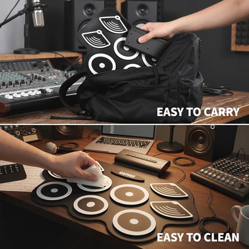 Image of Wireless Electronic Drum Set with 9 Pads, Portable Roll-Up Practice Kit for Kids & Beginners , Built-in Speaker, LED Lights, Recording & Headphone Output ,Includes Kick Pedal, Drum Sticks
