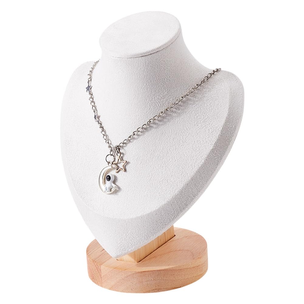 NBEADS Necklace Display Stands, Microfiber Necklace Bust Display Stands with Wood Base Jewelry Holder Necklace Chain Display for Home Store Trade Shows, White, 5.5x3.4x7.3 Inch