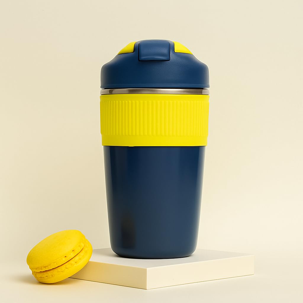 YELONA Macaroon 480 ML Double Wall Insulated Travel Coffee Tumbler Mug Sipper Thermos with 2in1 Flip Up Inbuilt Straw and Sip Lid, Leak Proof (Indigo Blue)