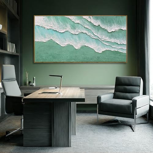 Image of Green Abstract Framed Canvas Wall Art,Modern White Wave Wall Decor,Neutral Minimalist Green And White Color Water Art Print for Living Room,Bedroom,Dining Room, Office 29 inchx58 inch
