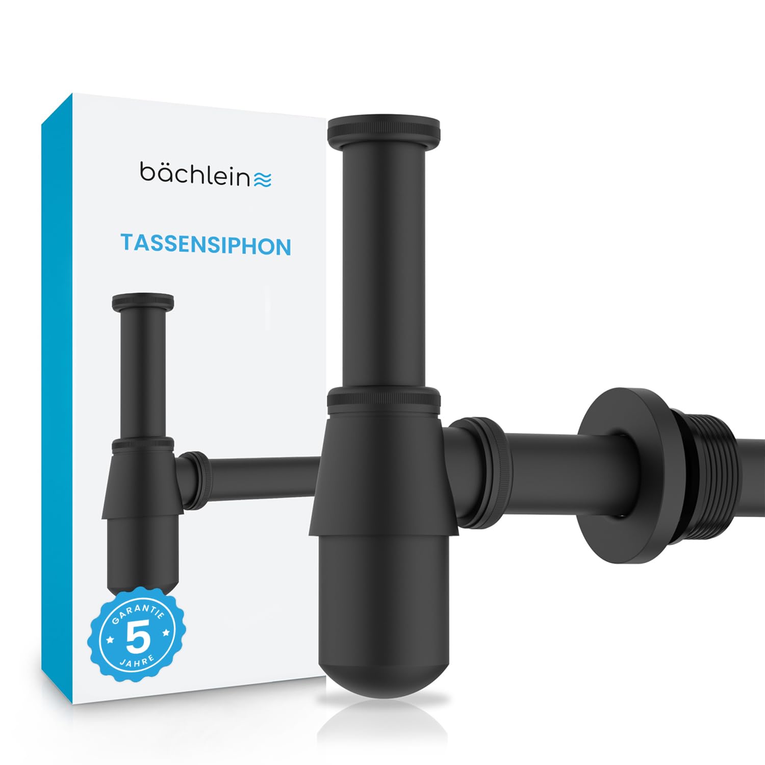 Bächlein Tassensiphon Universal für Waschbecken & Waschtisch (Matt Schwarz), Geruchsverschluss mit Reinigungsöffnung + Einbauanleitung - Designsiphon Ablaufgarnitur Flaschensiphon