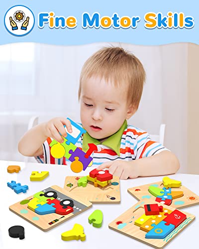 Image of Wooden Toddler Puzzles Gifts Montessori Toys for 1 2 3 Years Old Boys Girls | 4 Vehicle Shape Puzzles, Boy Birthday Gift, Montessori Toys Educational Blocks for Toddlers 1-3, 2-4, Baby Learning Toys