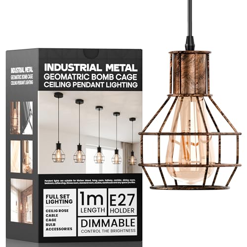 LEDSone Brushed Copper Lantern Pendant Light with E27 Bulb, Cage Pendant Light Metal Basket Design, Adjustable 90 cm Ceiling Light Wire Basket for Kitchen Dining Indoor