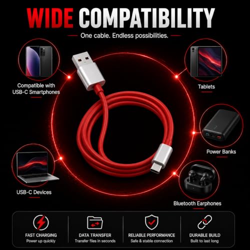Image of Maxonar 100W USB-A to USB-C Fast Charging Cable Compatible with OnePlus 15, 15R, 13, 13R, 12, 12R, 11, 11R, 10, 10R, 9, 9R, 8, 8T, Nord 5 /4 /3 /2, CE 4 /3 /2 Lite & All USB-C Devices