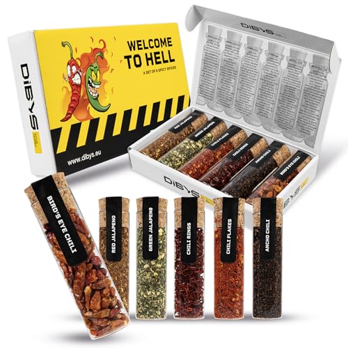 DIBYS WELCOME TO HELL Scharfes Chili Geschenk-Set | 6 scharfe Gewürze inkl. Rezeptkarten | Chili-Gewürz-Set mit Chiliflocken, Ancho-Chili, Bird's Eye Chili & mehr | Geschenke für Kochbegeisterte