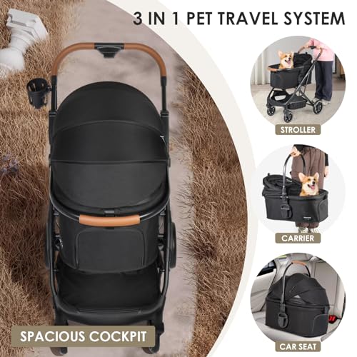 Image of T6 Luxury Pet Stroller for Medium Dogs Up to 66lbs or 2 Small Pets - 3-in-1 Dog & Cat Stroller with Removable Carrier, Foldable & Lightweight (Black)
