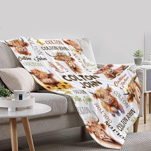 Image of Custom Name Blanket with Cow Pattern, Highland Cow Custom Name Gifts for Boys Girls,Soft Flannel Butterfly Sunflower Print Throw Stuff for Bedroom Sofa Chair Decoration,60 inchx80 inch for Adults