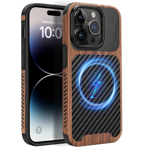 ZZDZZ Magnetisch Hülle für iPhone 14 Pro Hülle [Kompatibel mit MagSafe] Holz und Carbon Leder Design Handyhülle Stoßfest Schutzhülle (Schwarz)