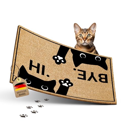 ElbFuchs Katzen-Fußmatte Kokos 60x40cm Hi & Bye Katze I Extra langlebige & rutschfeste Kokosmatte für Innen & Überdachte Außenbereiche I Lustige Türmatte mit Katzenmotiv I Ideal als Schmutzfang