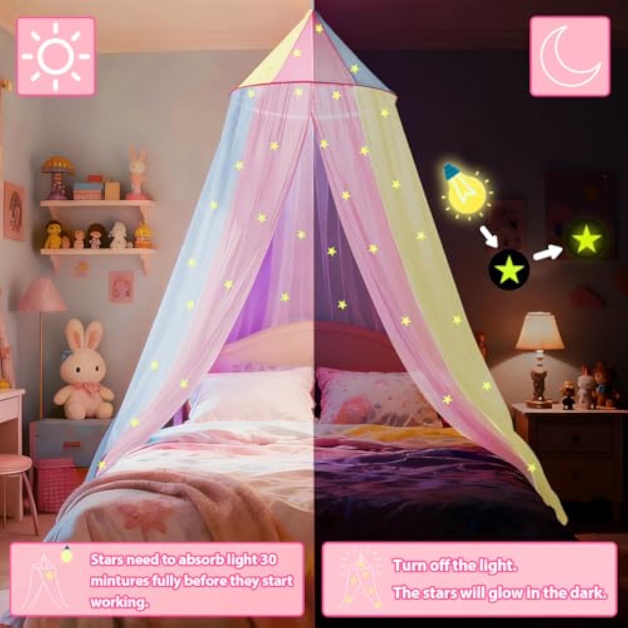Rainbow Bed Canopy for Girls with Glowing Stars