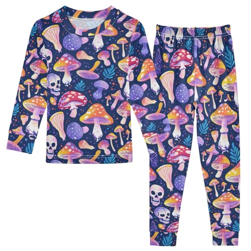 Fustylead Aesthetic Mushrooms Leaves and Skulls Cotton Pajamas 2-Piece Long Sleeve Sleepwear Matching Set