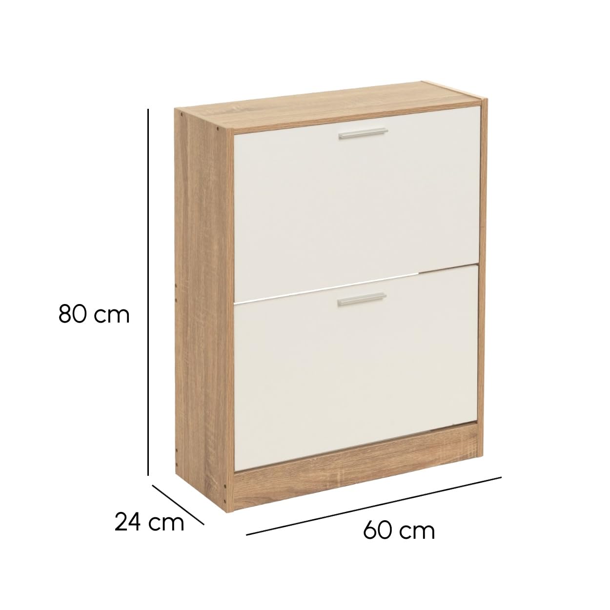 Zapatero estrecho laminado natural y blanco con 2 puertas, de 60x24x80 cm