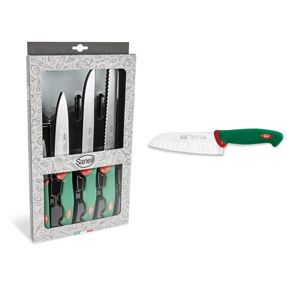 Sanelli 909604 Confezione Coltelli Chef 4 Pezzi & Premana Professional Coltello Santoku Olivato, Acciaio Inossidabile, Verde/Rosso