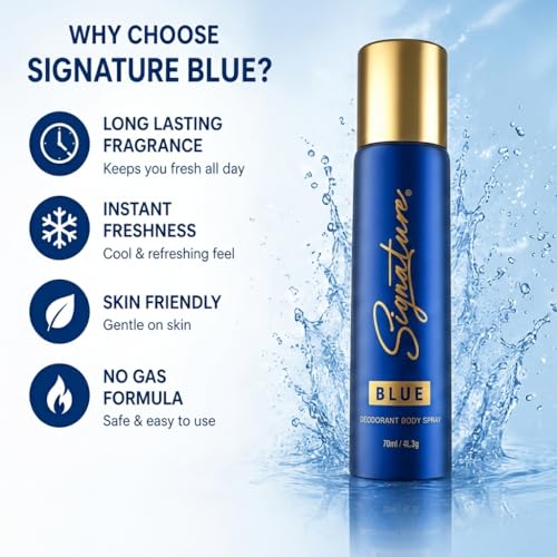 Image of Signature Blue Deodorant Aromatic Fougere Long Lasting Fragrance for Men and Women, Unisex Combo Pack of 2 (70 ml x 2)