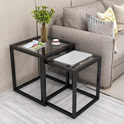 Juego de 2 mesas auxiliares modernas y anidadas, mesa auxiliar con parte superior de vidrio templado suave y marco de metal resistente, ideal para sala de estar, balcón o espacios pequeños, cristal