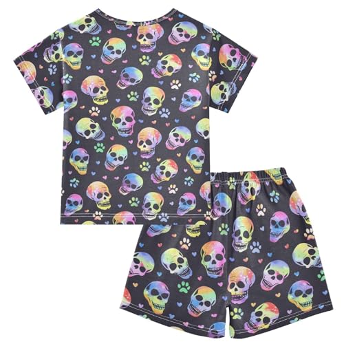 ALAZA Rainbow Skulls Paw Hearts Pajama Set Short Sleeve Sleepwear Soft Lounge Nightwear2