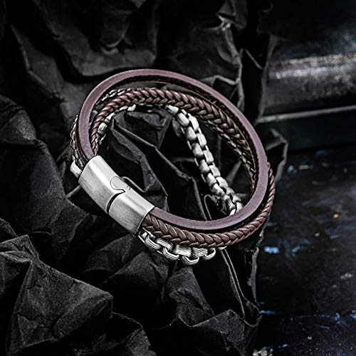 Image of Men's Leather and Steel Chain Bracelet with Clasp