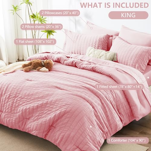 Image of HIMEET King Size Comforter Set - 7 Pieces Seersucker Bed in a Bag, Boho Bedding Sets for Bedroom Decor, All Season Home Essential Bed Set with Comforter, Sheets, Pillowcases & Shams, Pink