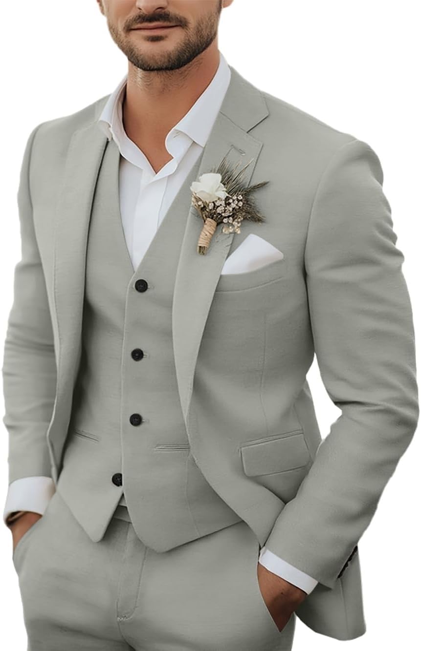 Photo 1 of Men's 3 Piece Linen Suits Set Regular Fit Casual Lightweight Blazer Jacket Vest and Pants Light Grey 3XL