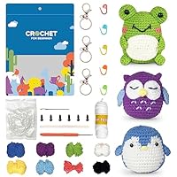 Beginners Crochet Kit,Crochet Set for Starters Adult Kids,Crochet Starter Kit Knitting Kit with Crochet Hooksm,Crochet Set for Beginners Adults DIY Craft Art(3 Pattern Animals Frog Owl Penguin)