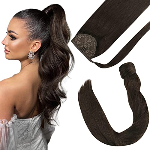 Sunny Straight Ponytail Hair Clip in 22 inch Human Hair Color #2 Darkest Brown Clip in Extensions Ponytail Real Hair Wrap Around One Piece Hair Extensions 80G/pack