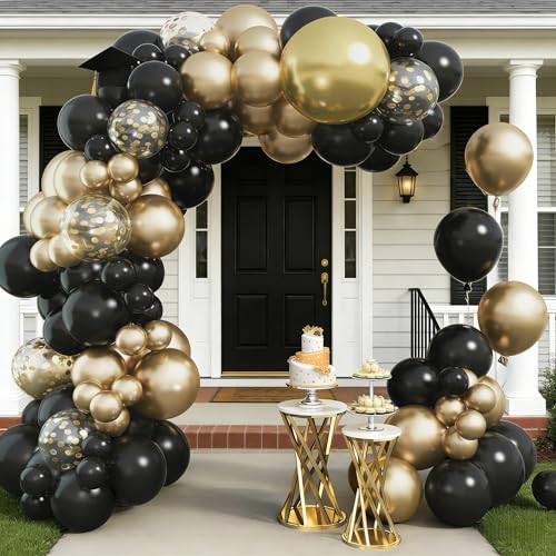 Image of Black and Gold Balloons Garland Arch Kit, 18 12 10 5 Inch Black Metallic Gold Balloon Arch Kit, Champagne Gold with 4D Disco Balloon for Graduation Birthday Retirement New Year Father's Day