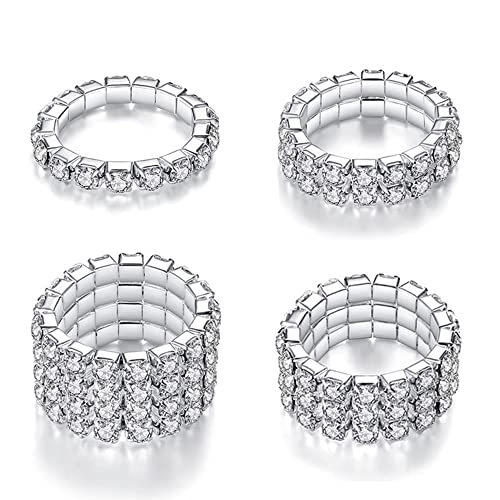 TWSIT Bague extensible en strass cristal scintillant, 1 à 4 rangées, 4 pièces, anneau élastique à la mode pour filles et femmes, nouvelle collection 2023